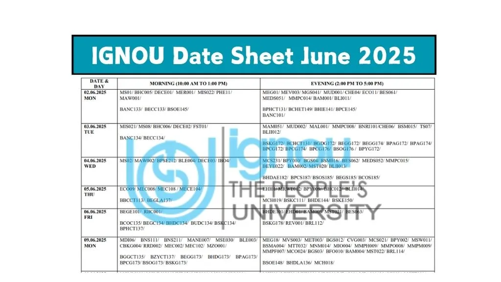 IGNOU Date Sheet June 2025